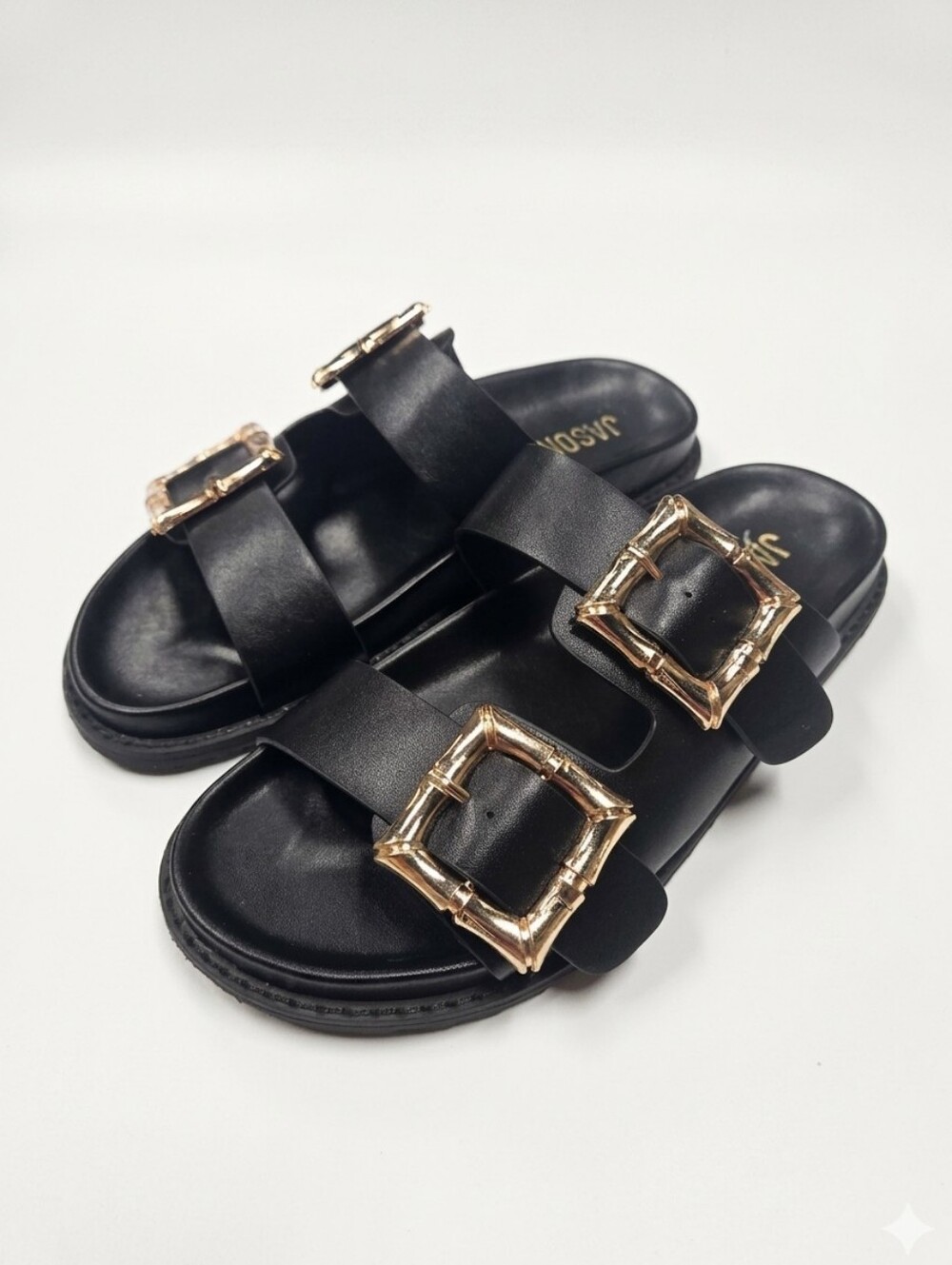Jason Wu Black Sandal Slides with Gold Buckles